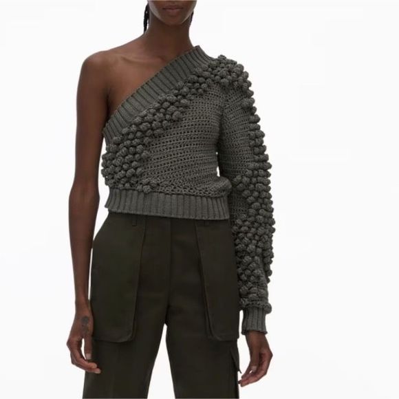 Helmut Lang Pom-Pom Off Shoulder Top Pullover Sweater Hunter Sage Green XS NWOT - Picture 9 of 9